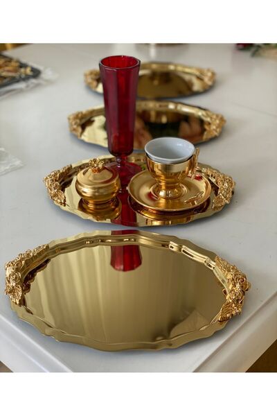 Elzemm store 20*25 CM GOLD RENK OVAL 4 ADET KULPLU MODEL SUNUM TEPSİSİ