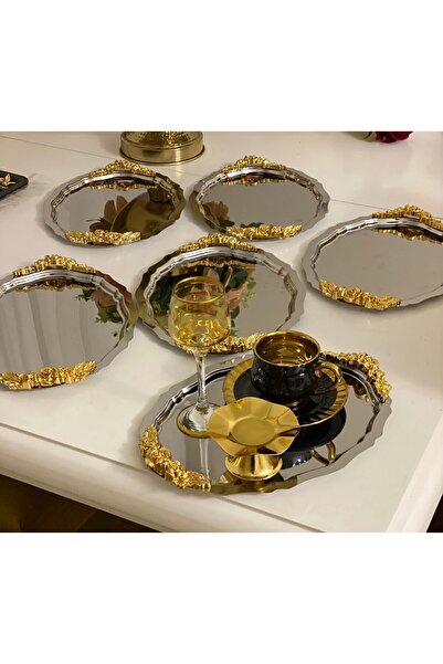 Elzemm store 20*25 CM PASLANMAZ ÇELİK OVAL MODEL 6 ADET KULPLU SERVİS TEPSİSİ