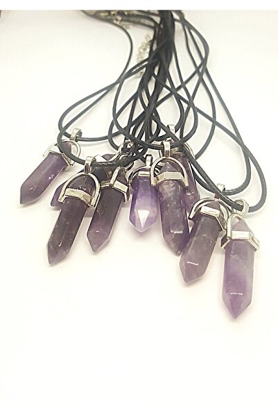 Kardeş Bijuteri Ametis Taşı Prizma Çivi Kesim Doğal Taşlı Siyah Ipli Kolye - 38