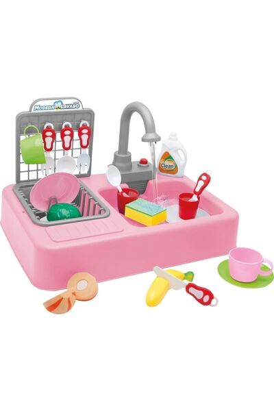 Cici Oyuncak Pembe Mutfak Lavabo Seti Su ile Çalışır Çocuk Bulaşık Yıkama Çeş...