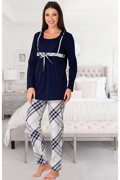 Effortt Pinnak Plaid Patterned Navy Blue Maternity Pajamas Set with Bow Detail