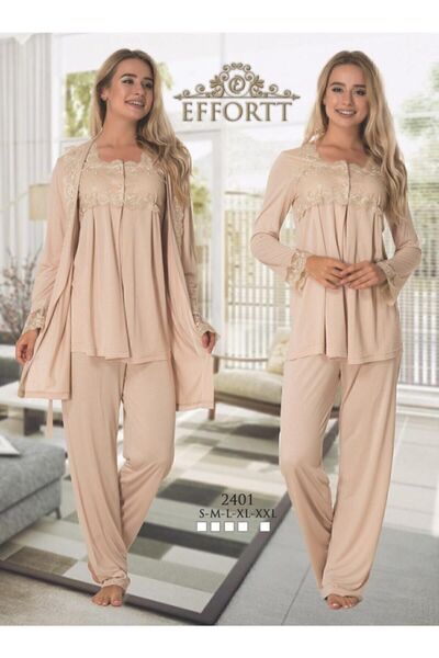 Effortt طقم بيجامة للحوامل مكون من 3 قطع مع ثوب صباحي للحوامل، قهوة الحليب