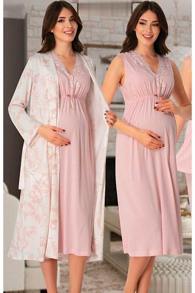 Effort Pijama طقم ثوب نوم نسائي منقوش باللون البودرة للحوامل مكون من 4 قطع