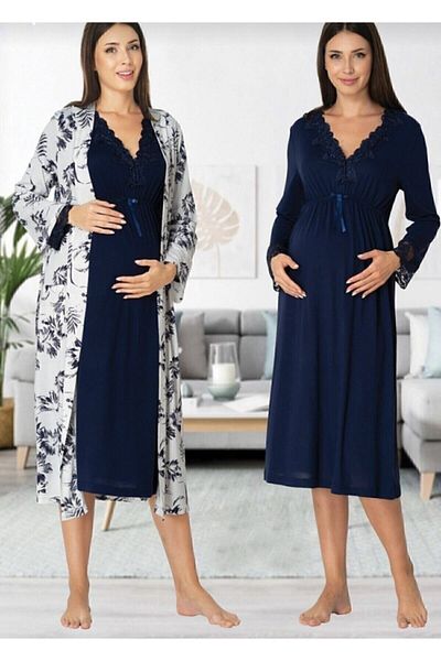 Effort Pijama طقم ثوب نوم للحوامل بأكمام طويلة باللون الأزرق الداكن من Zerre Bebe
