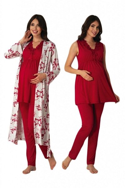 E&C HAMİLE ÇARŞISI Effortt 8034 Cherry Pattern Maternity Pajamas with Dressing Gown