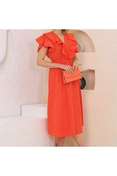 msm fashion Rochie de vară pentru femei de lungime midi - mânecă scurtă, decolteu în V, talie cu volan elastic
