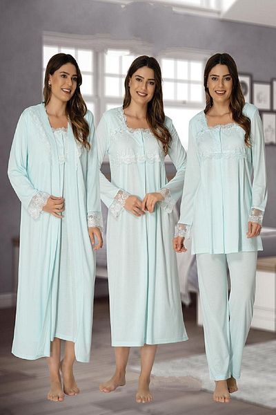 Effort Pijama Zerre Bebe Women's Green Long Sleeve Pajamas Set Nightgown Dressing Gown Maternity Pregnant 4-Piece Set 2405