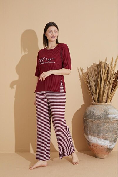 Meri Kadın Kısa Kollu Kırmızı İnce Triko Desenli Pijama Takımı mrlyn