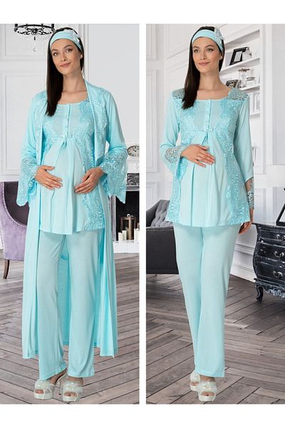 HAMİLE ÇARŞISI Mecit Pajamas Women's Turquoise Maternity Pajamas Set with Dressing Gown 5353