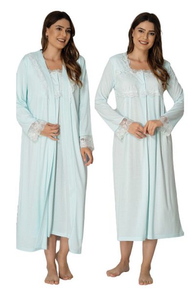 Effort Pijama Effort Water Green Maternity Long Sleeve Nightgown Dressing Gown Set 2402