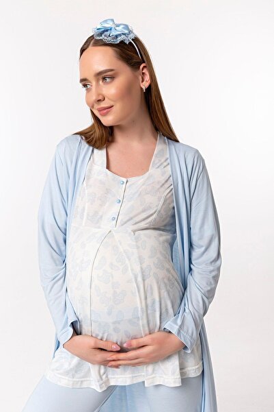 Effortt Mavi Sabahlıklı Lohusa Pijama Takımı