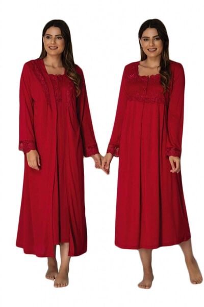 E&C HAMİLE ÇARŞISI طقم بيجامة ثوب نوم للحوامل بأكمام طويلة من الكرز