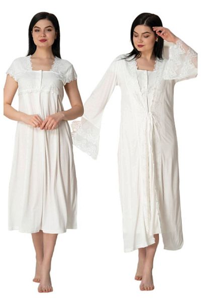 Effort Pijama Effortt Ecru Princess Lace Maternity Nightgown Set with Dressing Gown 5010
