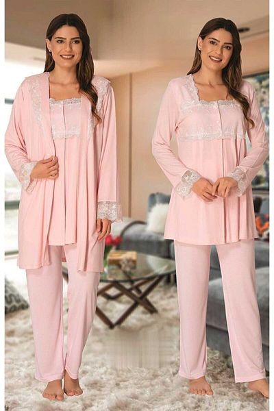Effort Pijama Women's Pink Effortt Maternity Pajamas Set with Dressing Gown 2401p
