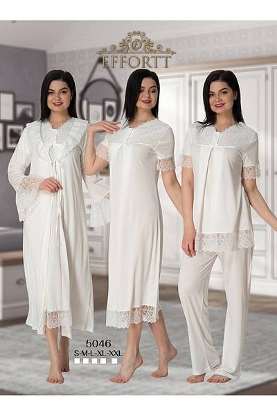 Effortt Women's White Maternity Guipure Nightgown Dressing Gown Pajamas Set Set of 4