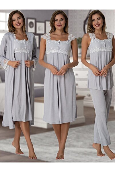 HAMİLE ÇARŞI Effortt Maternity Pajamas Nightgown Set with Dressing Gowns 2305