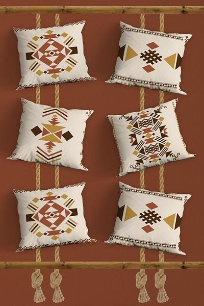 Belle Benoit Σετ 6 Μπεζ Ethnic Design Εκτύπωση διπλής όψης, Διακοσμητικό, Μαξιλαροθήκη Καναπέ, Ριχτάρι Μαξιλαροθήκη