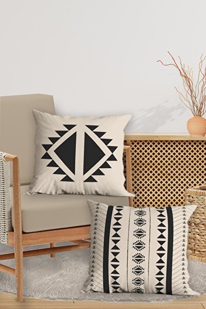 Belle Benoit Set of 4 Double-Sided Digital Printed Black Cream Boho Pillowcase Throw Pillow Set – Zippered, 43X43 cm