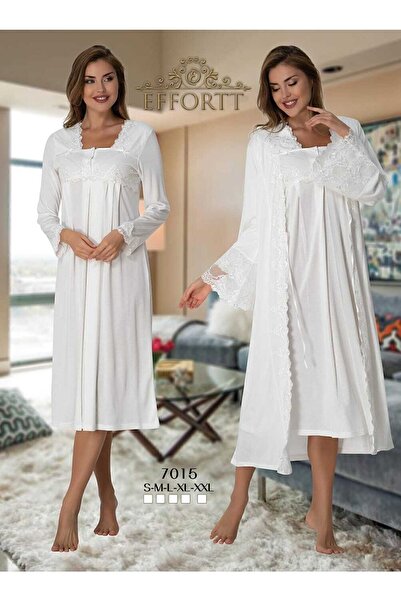 Effortt Cămașă de noapte de maternitate cu mâneci din dantelă și halat ecru