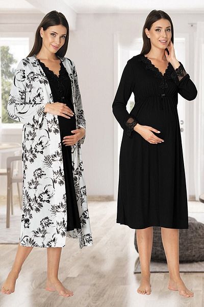 Effortt Women's Black Patterned Maternity Night Set with Dressing Gown