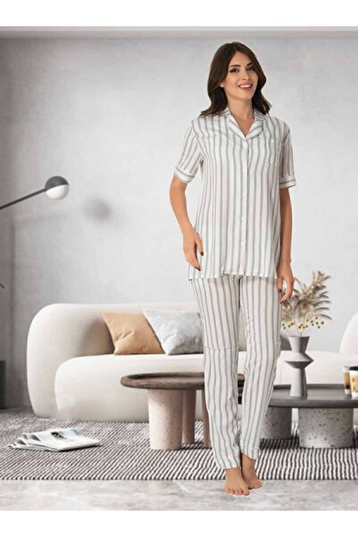 Effortt Σετ πιτζάμες με κουμπιά Mayss Collections 8065 Γκρι χρώμα με ρίγες μπ...