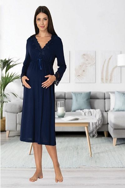 Effort Pijama طقم بيجامات بأكمام طويلة باللون الأزرق الداكن من Zerre Bebe، ثوب نوم، ثوب نوم للحوامل، طقم مكون من 4 قطع
