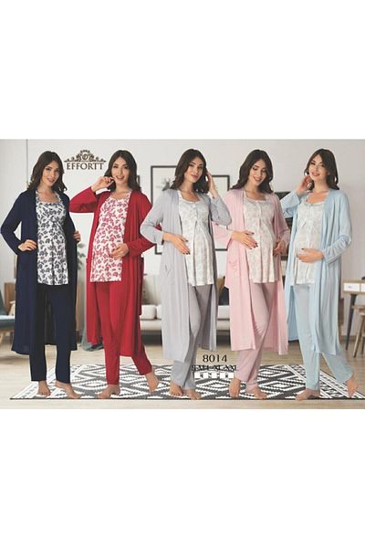 Effortt Women's Gray Pattern Maternity 3-Piece Pajamas Set with Dressing Gown