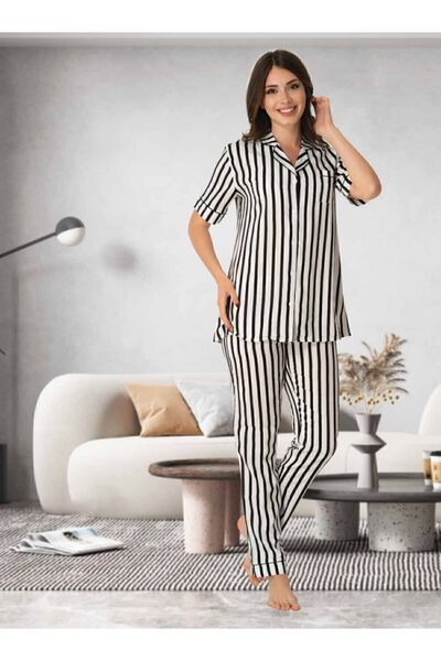 Effortt Mayss Collections 8065 Μαύρο Χρώμα Σετ Πυτζάμες με Ριγέ Μπροστινό Κουμπί