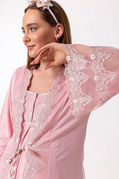Effortt Maternity Nightgown with Lace Detailed Sleeves and Powder Dressing Gown