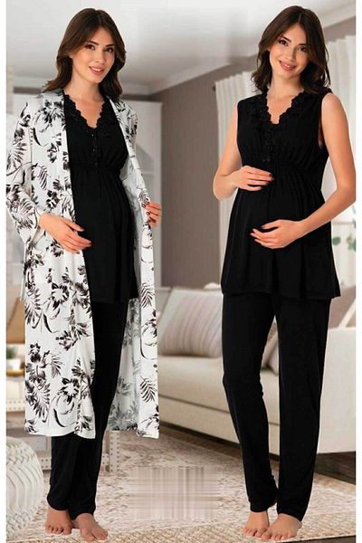 Effort Pijama Effortt 8034 Set pijamale de maternitate cu modele din dantela cu guler negru cu halate