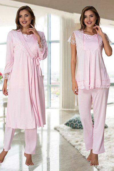 Effortt Women's Pink Lace Detailed Maternity Pajamas Set with Dressing Gown