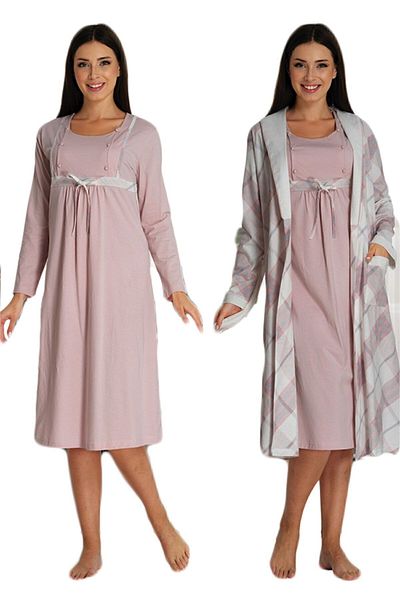 HAMİLE ÇARŞISI Effortt 8085 Maternity Nightgown with Pink Dressing Gown