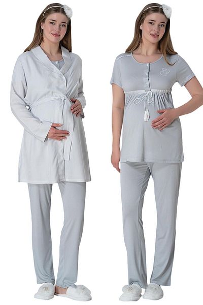 ByLohusa Gray Maternity Pajama Set with Dressing Gown