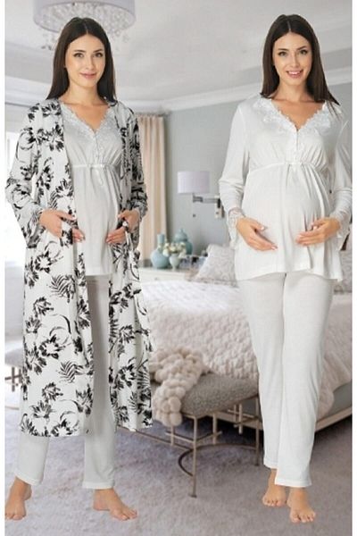 Effortt Pregnant Women's Maternity Dressing Gown White Color Lower Upper Pajama Set 8094