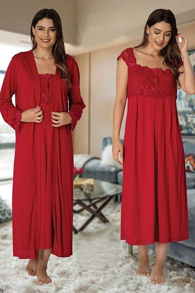 Effort Pijama Cherry Colored Women's Nightgown and Dressing Gown Set for Pregnant and Maternity