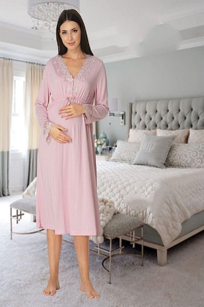 Effort Pijama طقم بيجامة نسائي وردي بأكمام طويلة من Zerre Bebe، ثوب نوم، ثوب نوم للحوامل، طقم مكون من 4 قطع