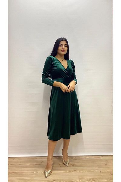 Bersi Butik Rochie dublu, midi, catifea verde smarald