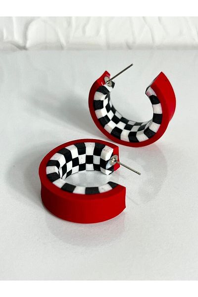 Gizy Store Polymer Clay Handmade Hoop Earrings Checkerboard pattern red women's hoop earrings