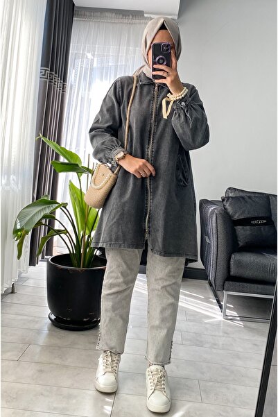 SARE BOUTIQUE Fermuarlı Tesettür Kot Ceket