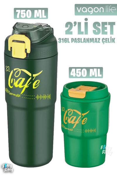 Vagonlife 2'li Çelik Termos-kahve Bardağı Seti 750ml Çift Kullanım Termos//45...