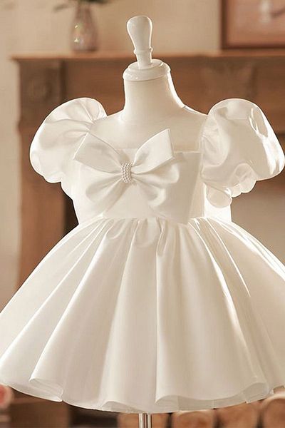 Bertuğ Bebek Off-white Satin Wedding Dress - Baby Girl Dress with Bow Detail
