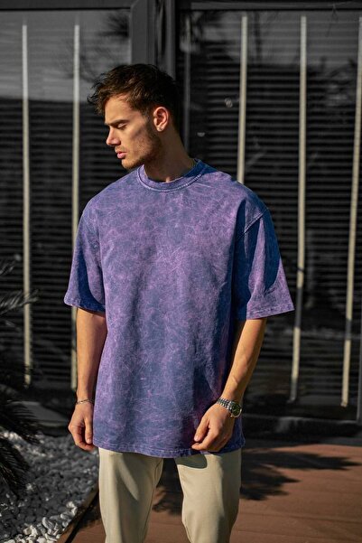 İLKCET MODA Λεπτομέρεια πλύσης Oversize Unisex χτενισμένο βαμβακερό μπλουζάκι