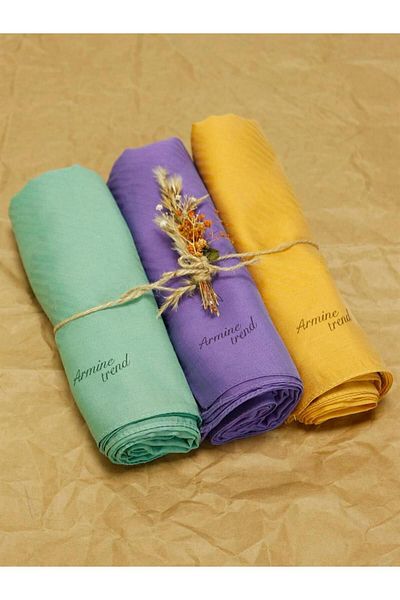 Armine Trend Işıl Shawl - Cotton - Ats3isl - Set of 3 - Green, Lilac, Mustard Yellow