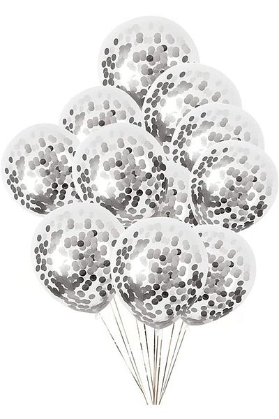 HBK Transparent Balloon Set with Silver Confetti: 12" Balloon 10 Pieces - 1 Pack Balloon Confetti (POLE)