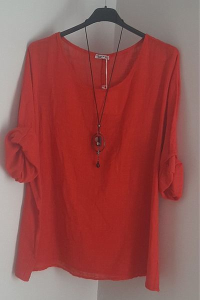 AYASOFYA OTANTIK Women's Red Oversize Casual Blouse with Necklace Accessories