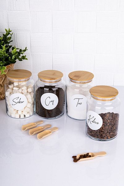 Home 800 Ml Capacity Set of 4 Glass Jar - Wooden Vacuum Lid, Labeled Tea Sugar Coffee Salt Storage Container (with Spoon)