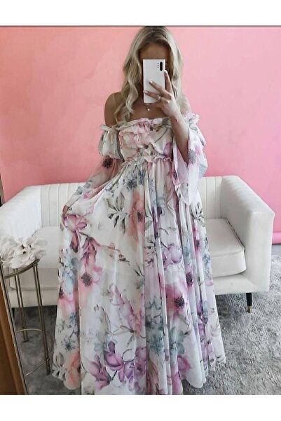 aspirin fashion Φόρεμα με παστέλ φλοράλ στάμπα Madonna γιακά μακρύ σιφόν