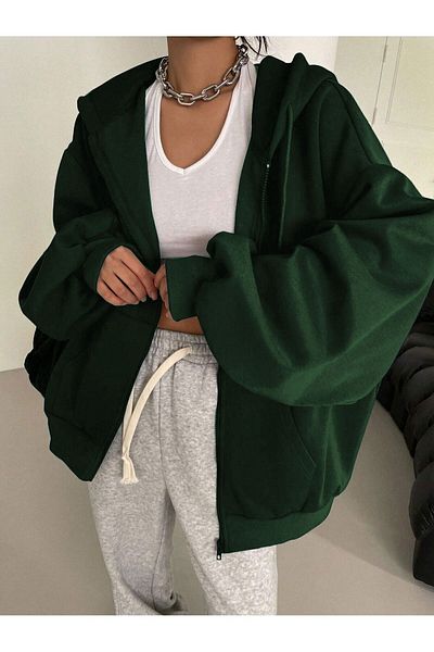 Trendseninle Women's 3 Thread Nefti Green Hood Detail Zippered Cardigan