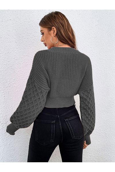 AQE FASHION Anthracite V-Neck Knitted Patterned Knitwear Crop Cardigan