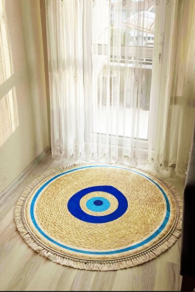 SÜNGERSAN Nazar Boncuğu Desenli Kaymaz Tabanlı Yıkanabilir Hasır Görünümlü Yuvarlak Nazar Boncuklu Halı